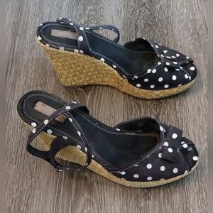 Xhilaration Wedge Peep-Toe Black and White Polka-dots Shoes Size 9 Open Toe Boho